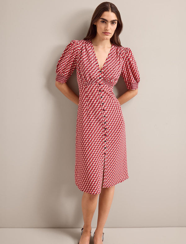 Julietta Silk Short Dress - Blush Burgundy Lips Print