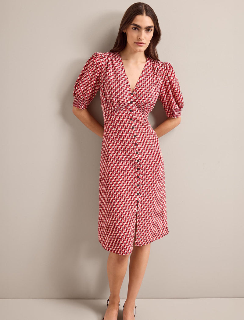 Julietta Silk Short Dress - Blush Burgundy Lips Print