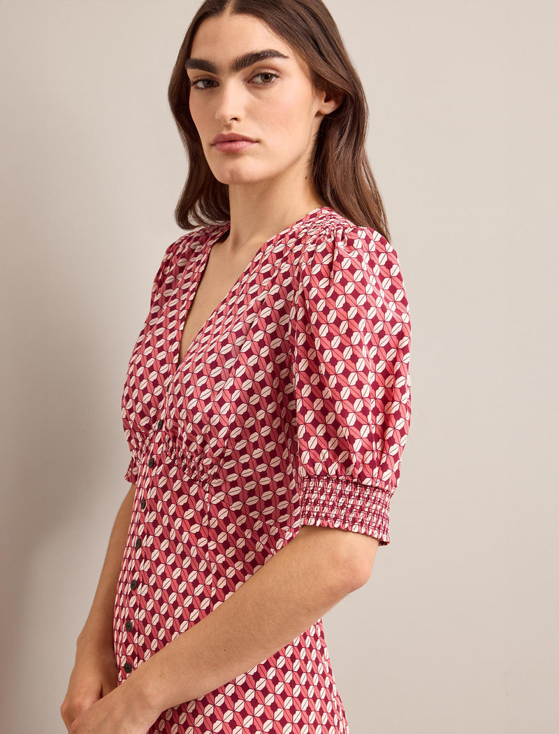 Julietta Silk Short Dress - Blush Burgundy Lips Print