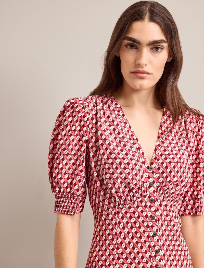 Julietta Silk Short Dress - Blush Burgundy Lips Print