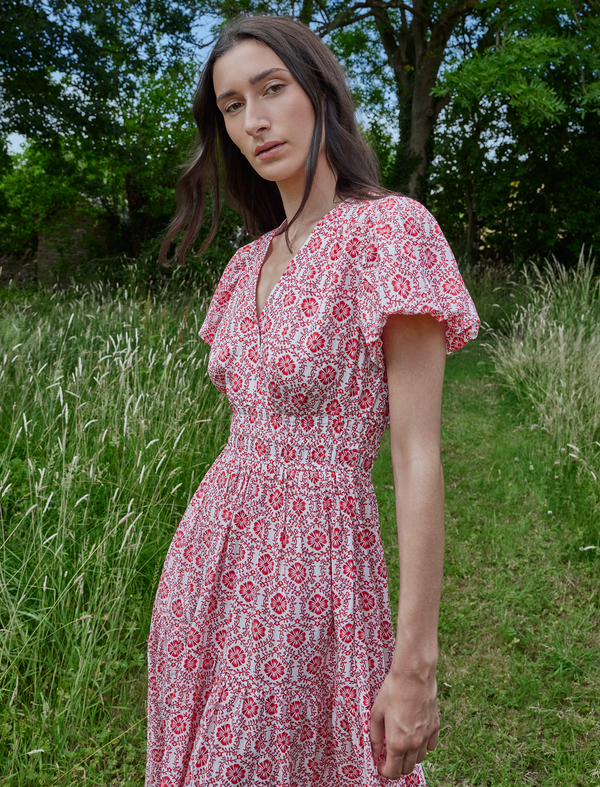 Orla Cotton Maxi Dress - White Pink Circle Carnation Print