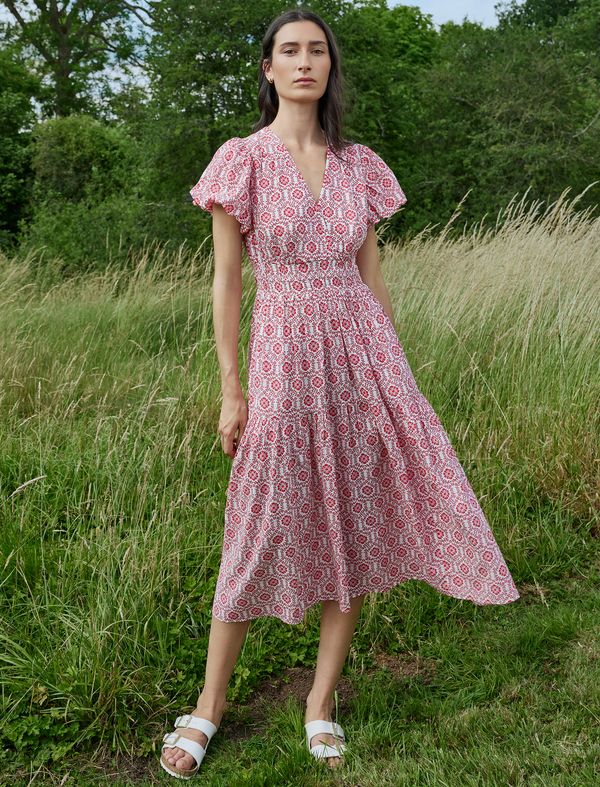 Orla Cotton Maxi Dress - White Pink Circle Carnation Print