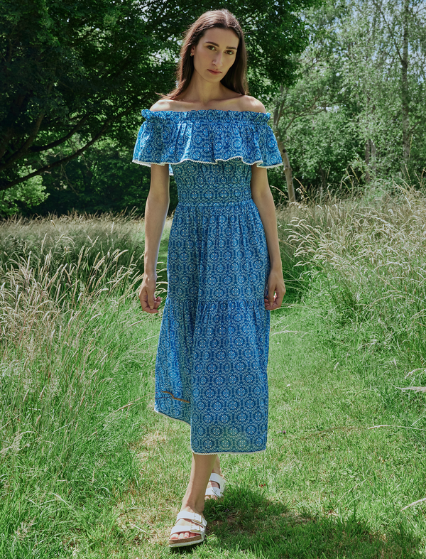 Aimee Cotton Maxi Dress - Blue Circle Carnation Print