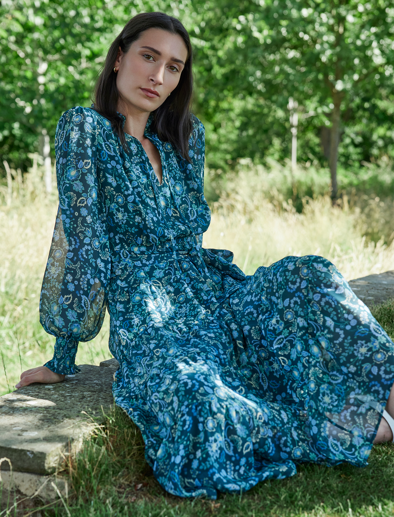 Marina Maxi Dress - Dark Green Pale Blue Large Floral Print