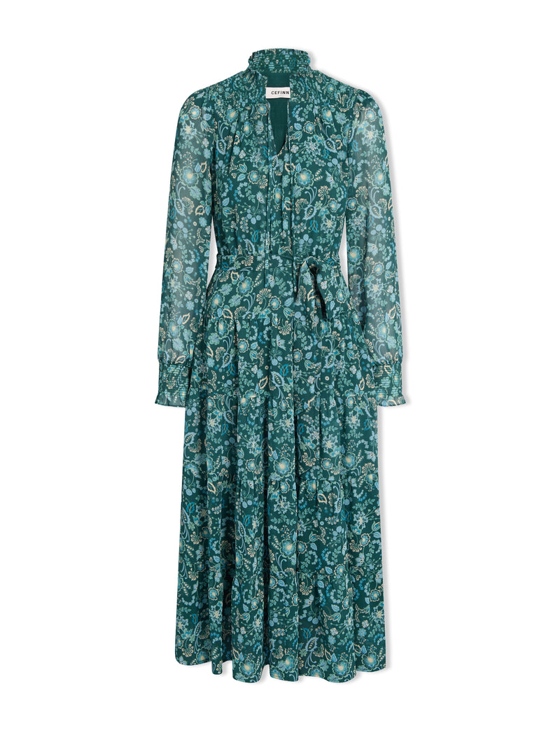 Marina Maxi Dress - Dark Green Pale Blue Large Floral Print