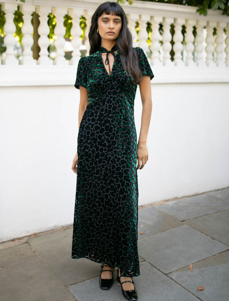 Jacquetta Devoré Bias Maxi Dress - Green Leopard Devoré