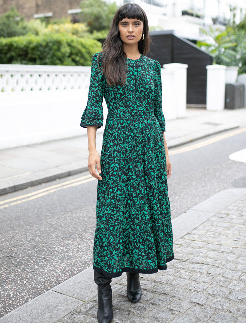 Elodie Cotton Maxi Dress - Green Bramble Print