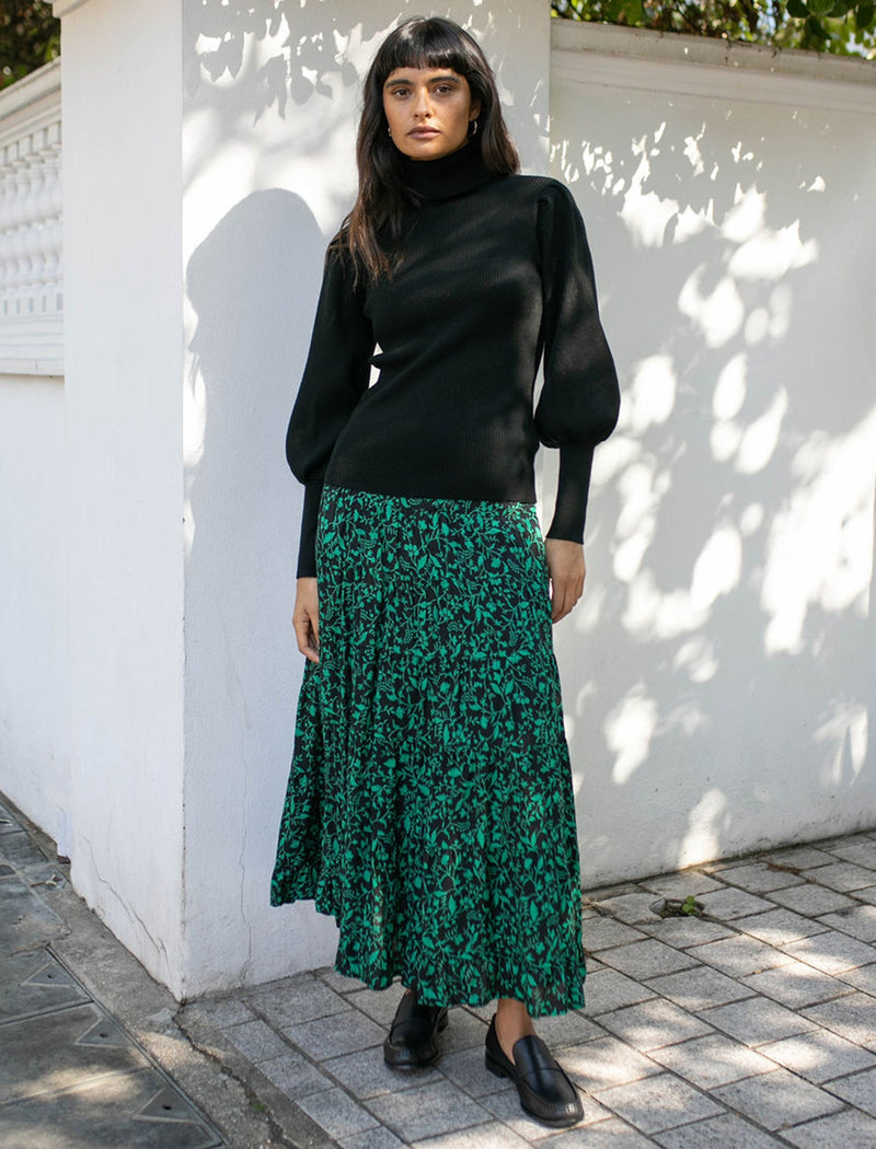 Sawyer Cotton Maxi Skirt - Green Bramble Print