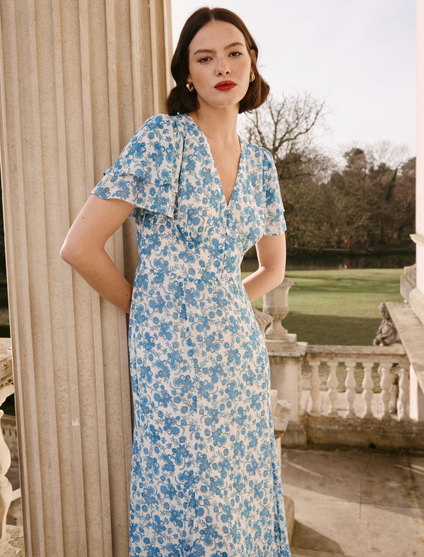 Lotta Gold Metallic Fil Coupé Maxi Dress - White Blue Paisley Print