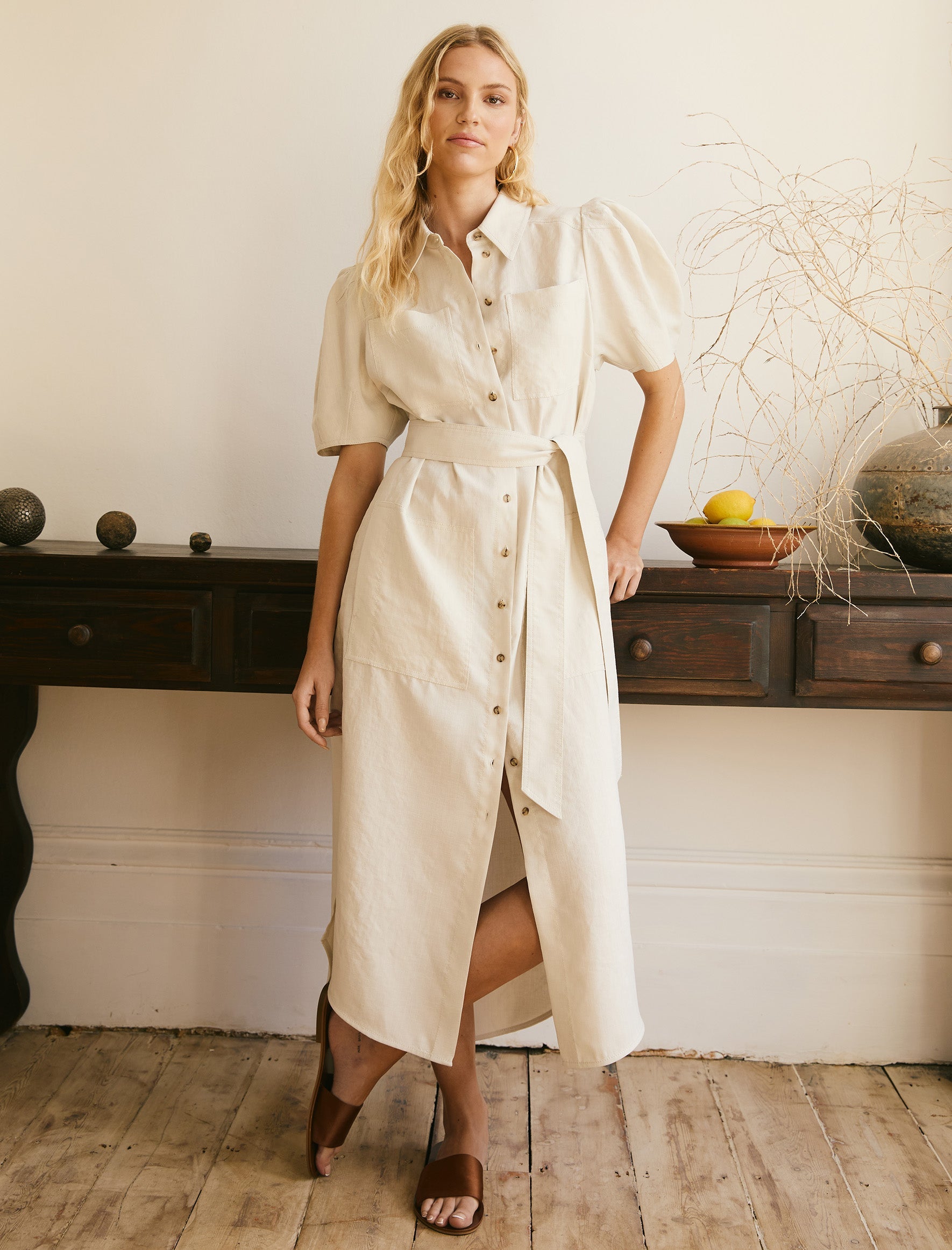 Lyra Techni Linen Utility Maxi Shirt Dress Cream