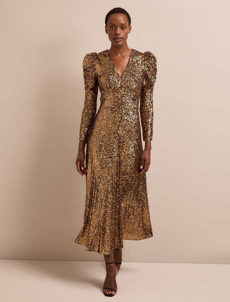 Ophelia Bias Cut Sequin Maxi Dress - Gold