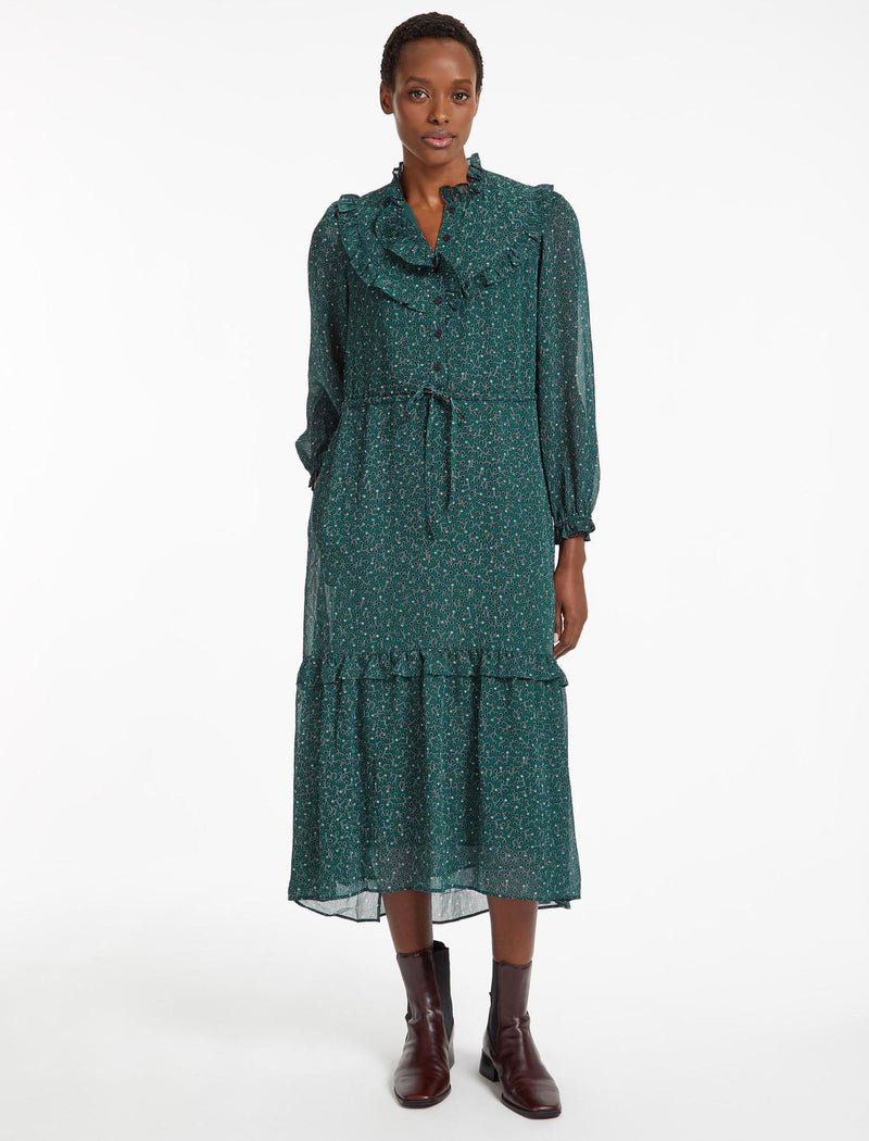 Annie Midi Dress with Drawstring Waist - Green Black Graphic Coral Print