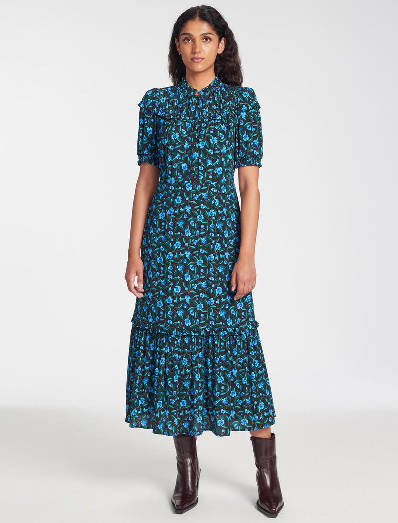 Hermione Ruched Button Front Maxi Dress - Black Blue Deco Floral Print