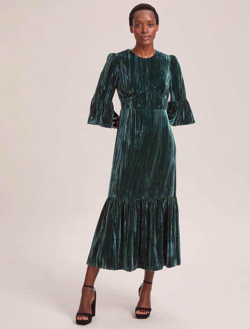 Daphne Plisse Velvet V Neck Maxi Dress 3/4 Length Sleeve - Dark Green