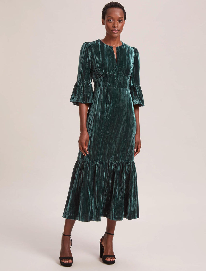 Daphne Plisse Velvet V Neck Maxi Dress 3/4 Length Sleeve - Dark Green