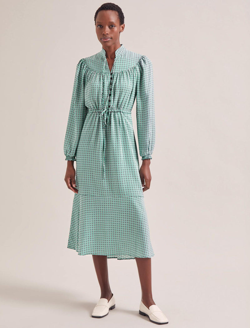 Zahra Midi Dress - Ecru Green Houndstooth Print