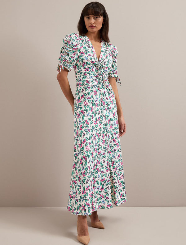 Ophelia Bias Cut Maxi Dress - White Multi Tropical Floral Print