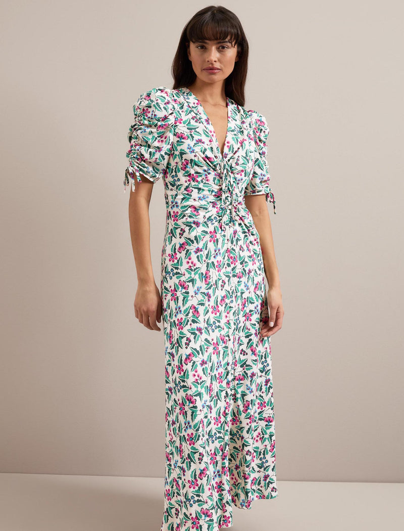 Ophelia Bias Cut Maxi Dress - White Multi Tropical Floral Print