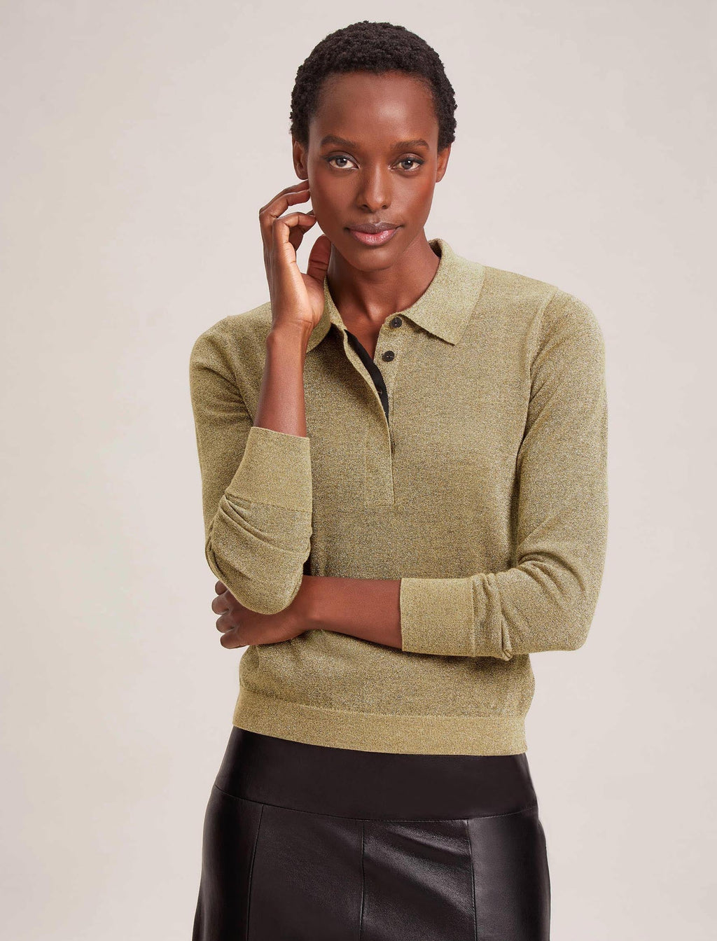 Josie Lurex Collared Mid Weight Jumper In Gold