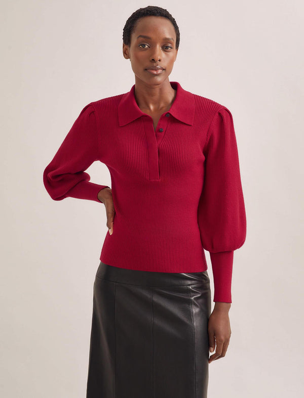 Eva Merino Wool Collared Jumper - Red