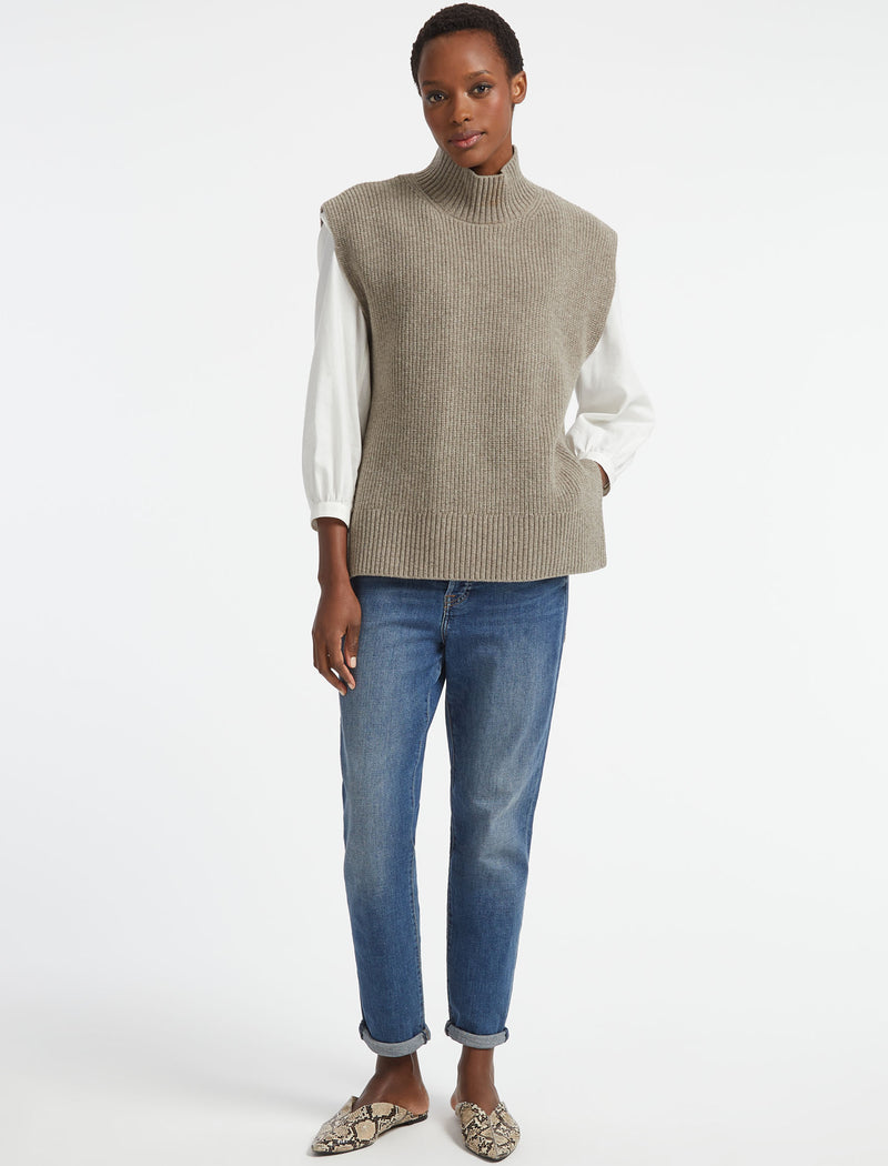 Janice Wool Funnel Neck Sleeveless Jumper - Taupe