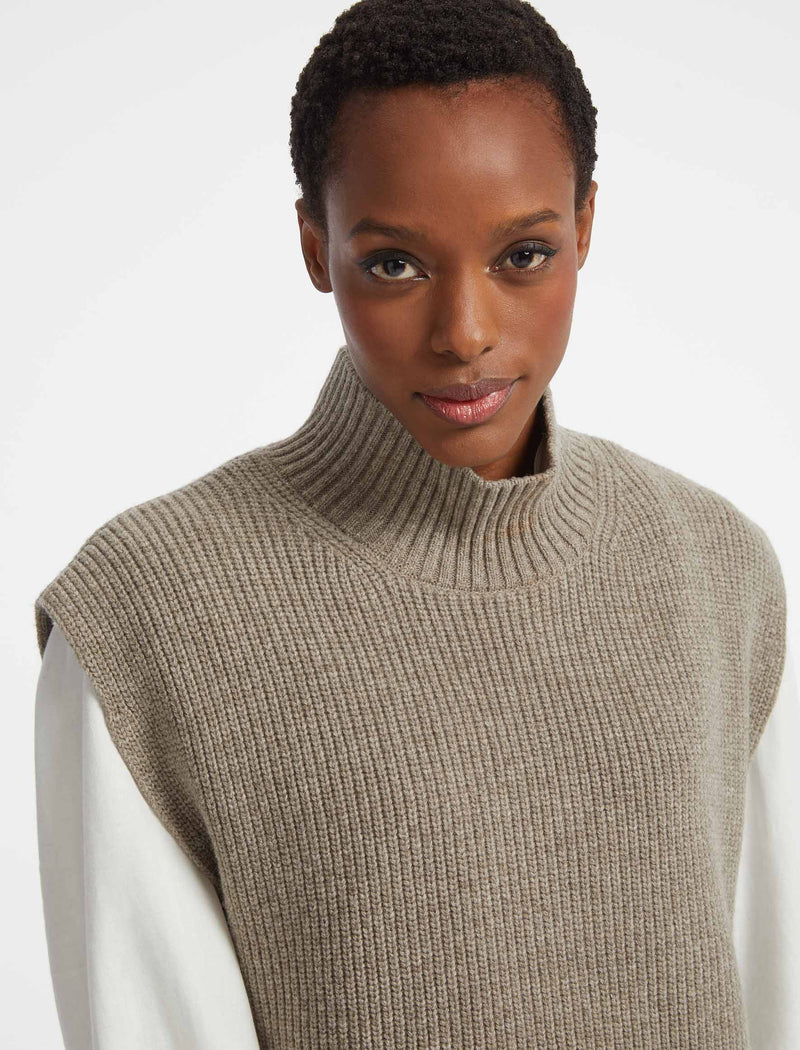 Janice Wool Funnel Neck Sleeveless Jumper - Taupe