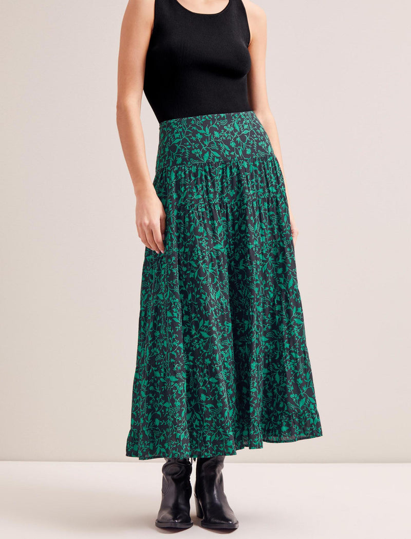 Sawyer Cotton Maxi Skirt - Green Bramble Print
