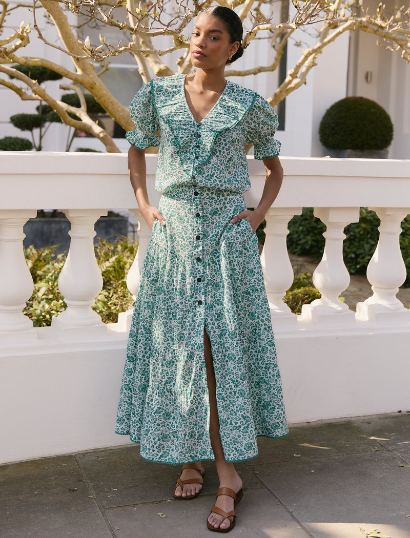 Rita Cotton Blend Maxi Skirt - Green Mono Floral Print