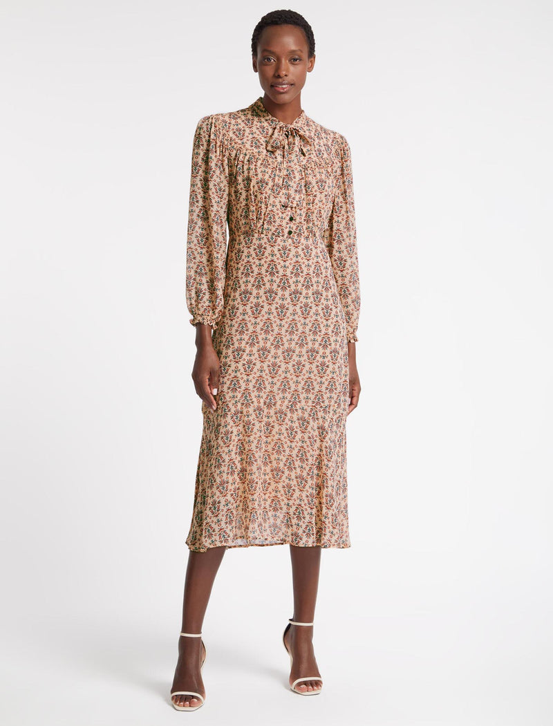 Abigail Scarf Neck Detail Long Sleeve Midi Dress in in Stone Rust Folk  Floral Print