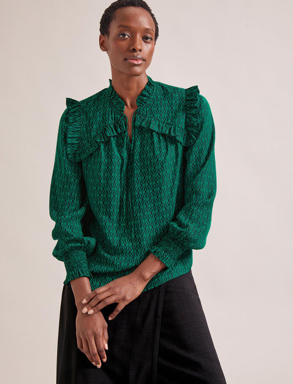 Bay Blouse - Green Black Trellis Print