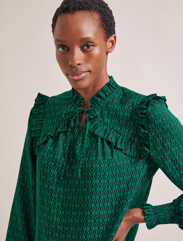 Bay Blouse - Green Black Trellis Print