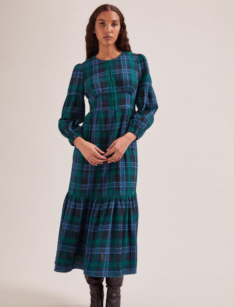 Daphne Organic Cotton Seersucker Maxi Dress - Navy Green