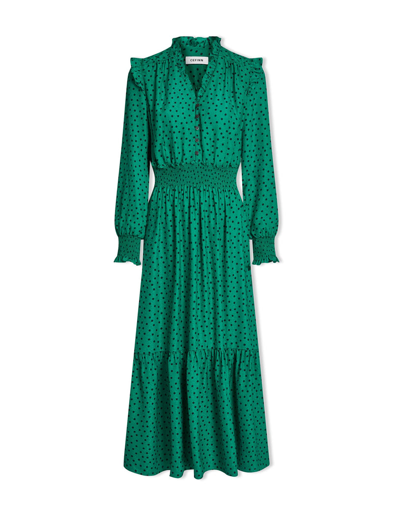 Saskia Maxi Dress - Green Black Polka Dot Print
