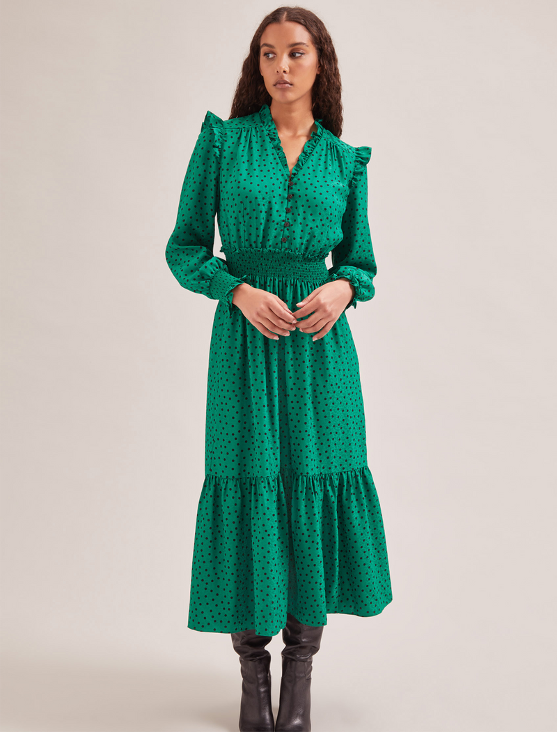 Saskia Maxi Dress - Green Black Polka Dot Print