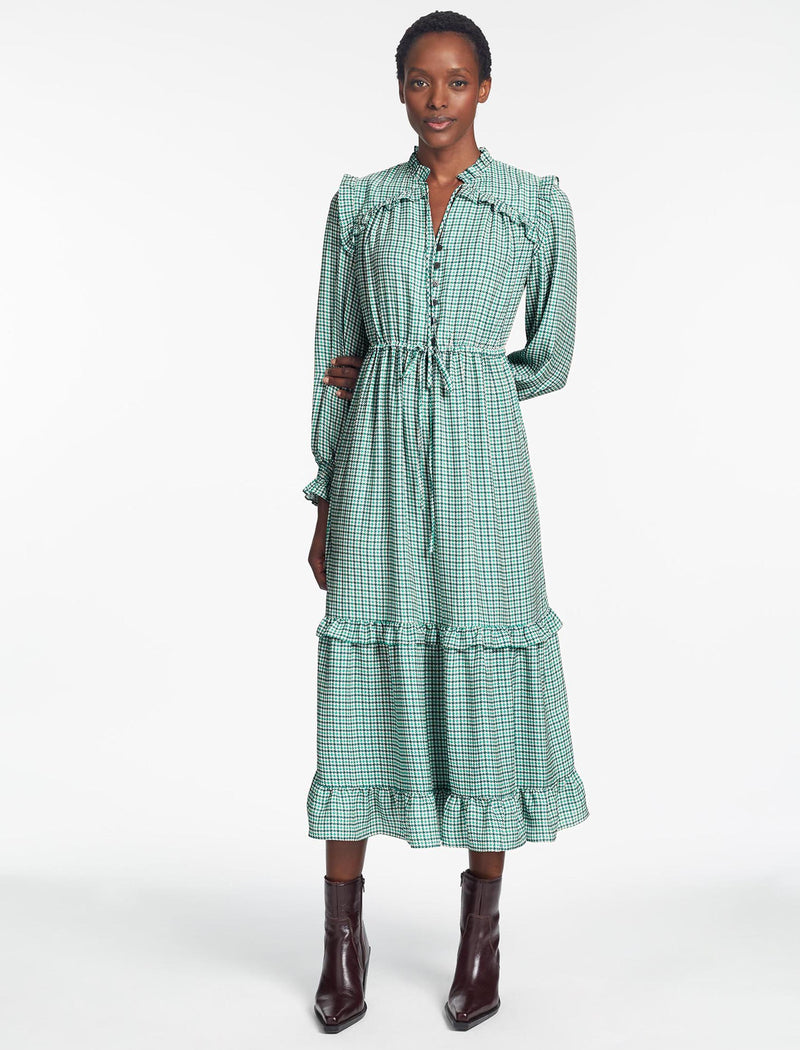 Loretta Maxi Dress - Ecru Green Houndstooth Print