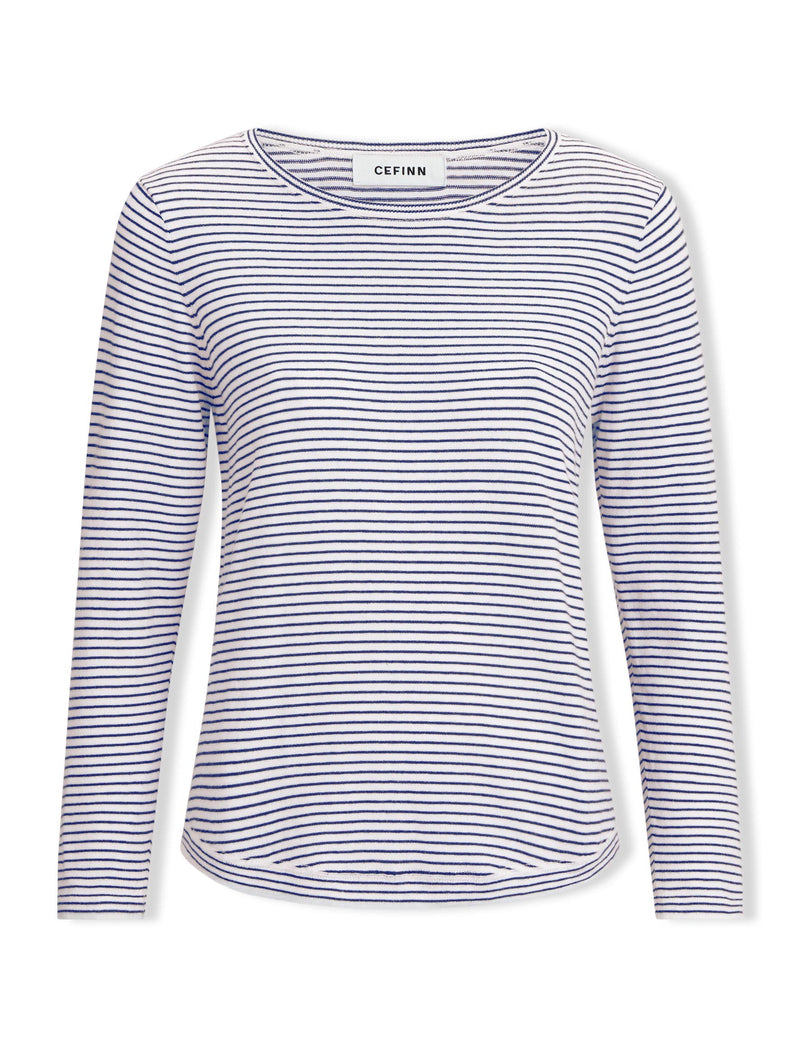 Maia Cotton Silk Blend T-Shirt - White Navy Stripe