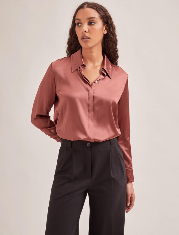 Skyla Silk Satin Shirt - Blush