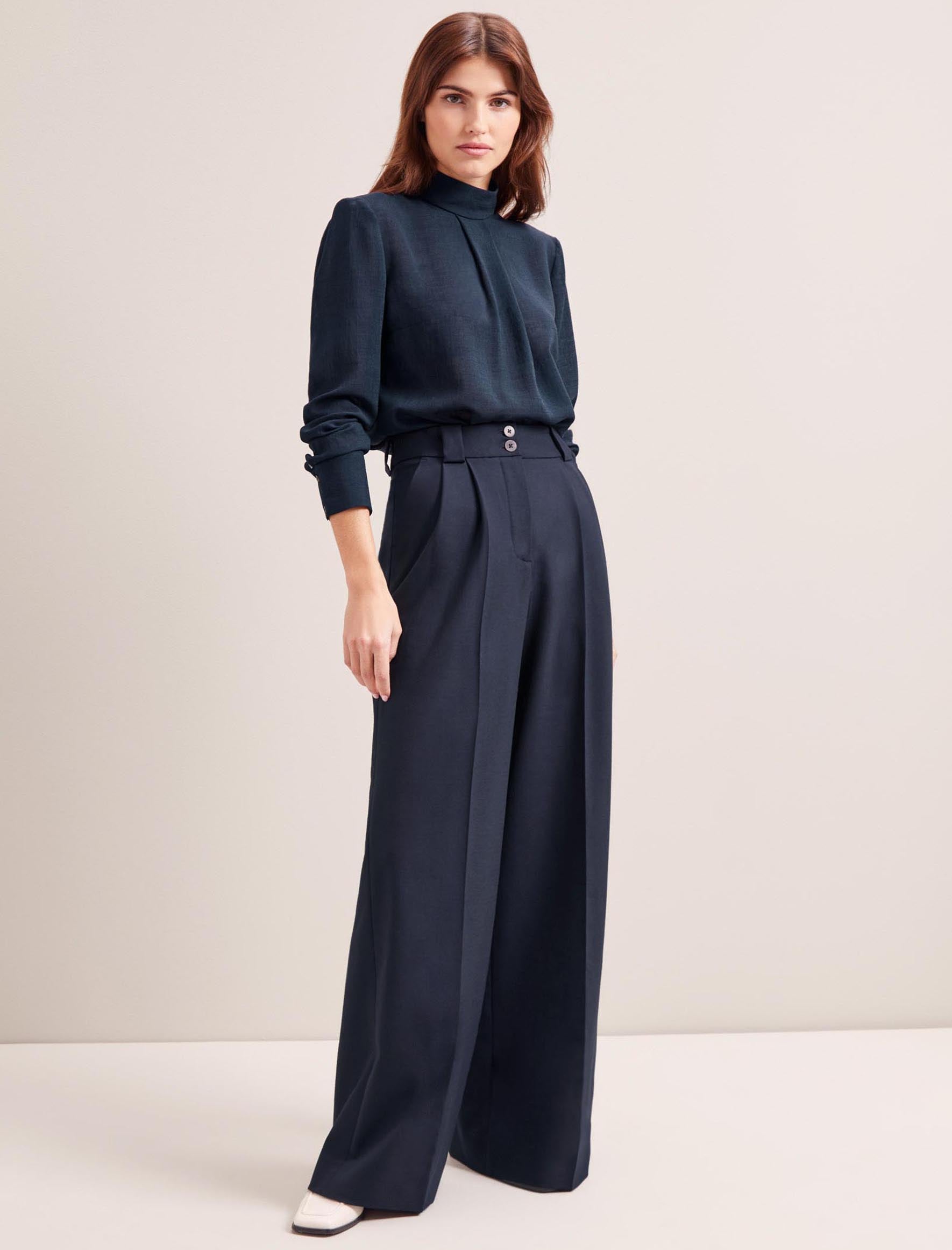 Margot Stretch New Wool Blend Pleated High Waist Wide Leg Trouser in Black