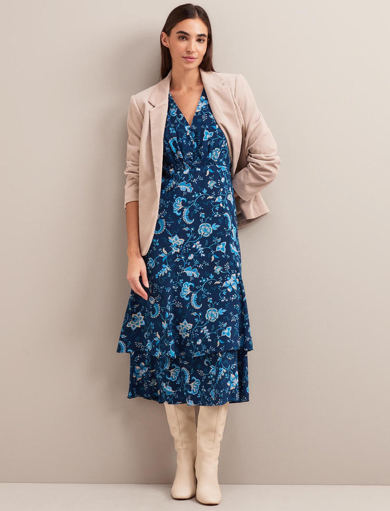 Ayla Silk Midi Dress - Navy Yellow Trailing Floral Print