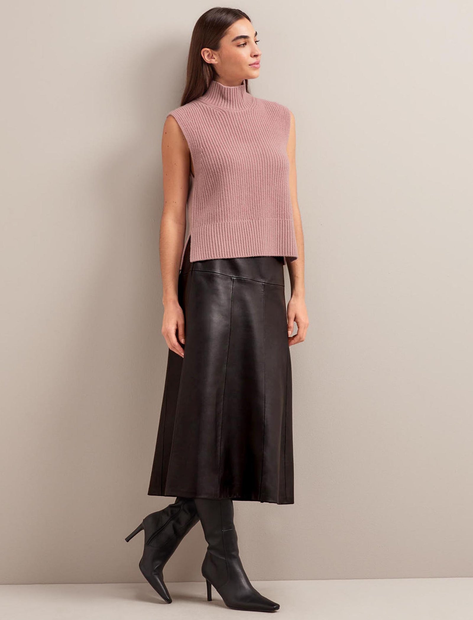 【Gimmetheyoung】G_SLEEVELESS FORM SHEER JUMPER Janie Cashmere Blend Funnel Neck Sleeveless Jumper - Dusty Pink