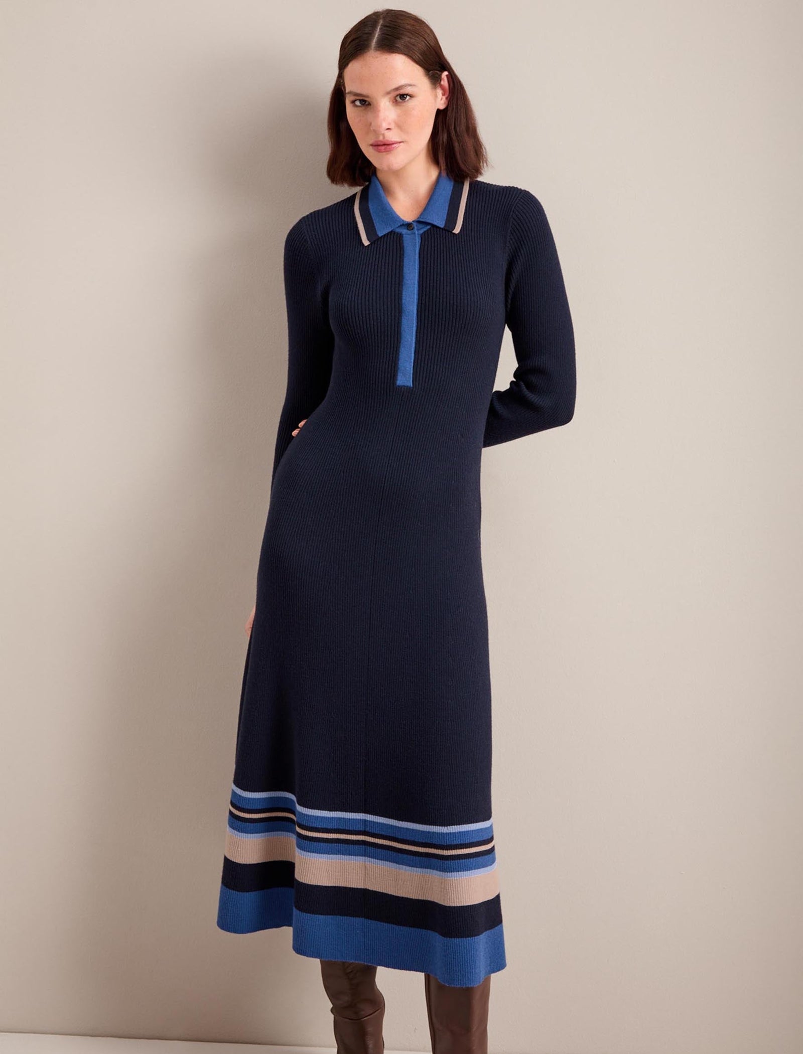 Josie Collared Merino Rib Dress - Navy/Multi Colourblock