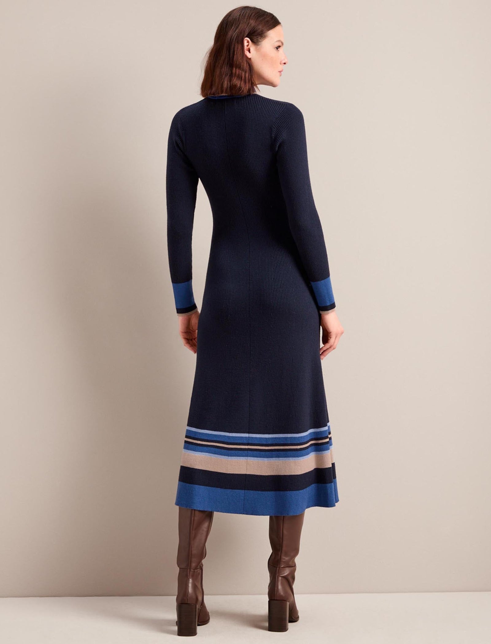 Josie Collared Merino Rib Dress - Navy/Multi Colourblock