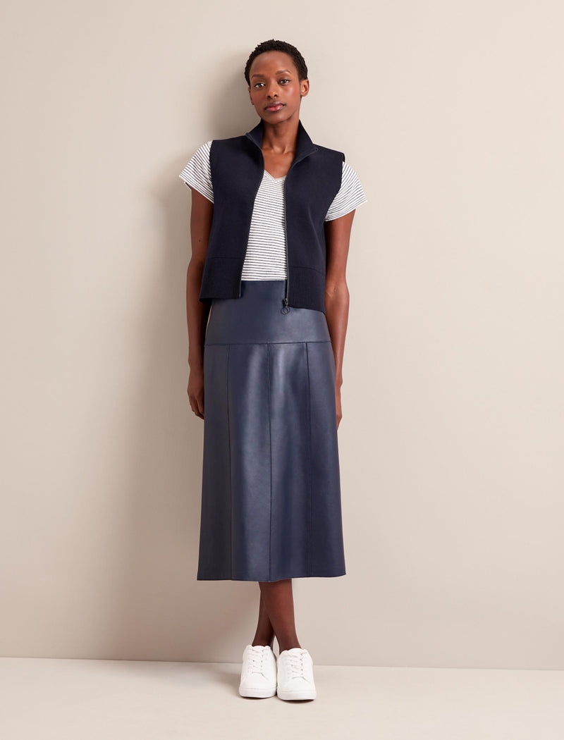 Tiana Leather Midi Skirt in Navy