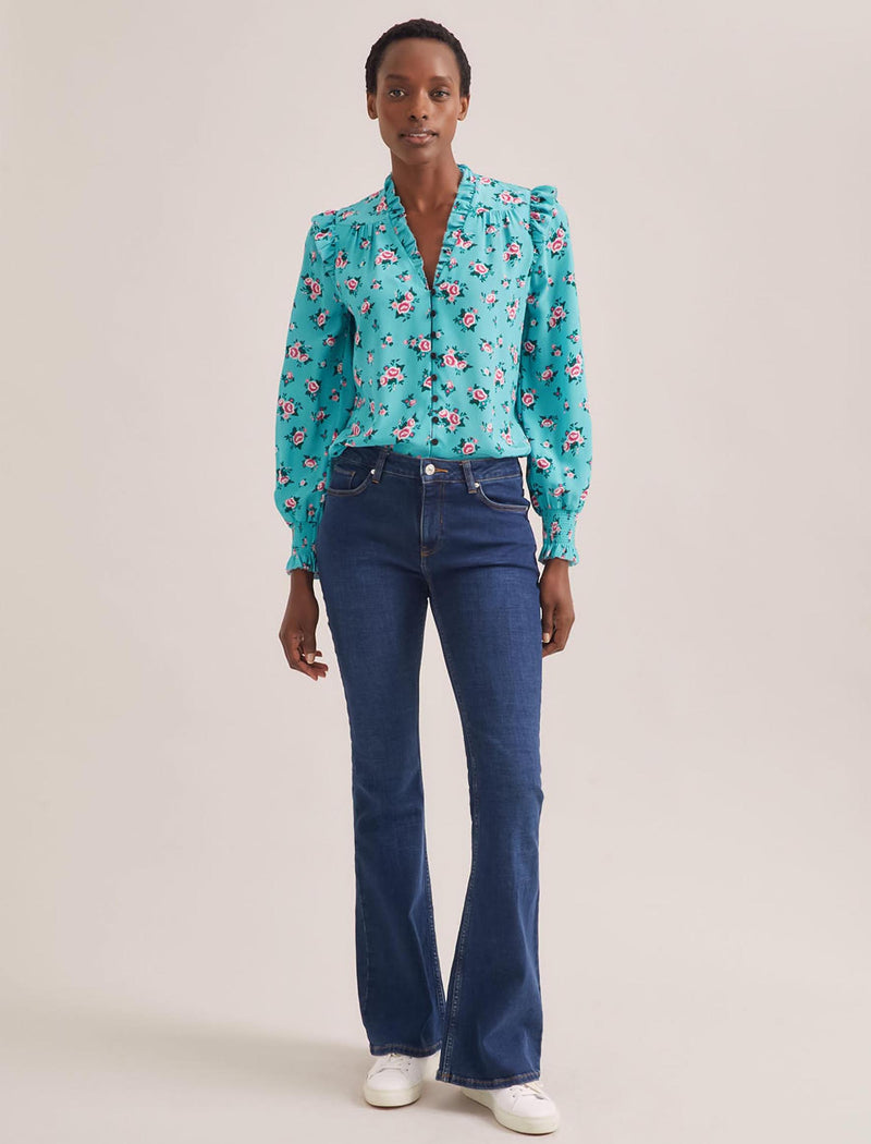 Stella Silk Shirt - Mint Posy Print