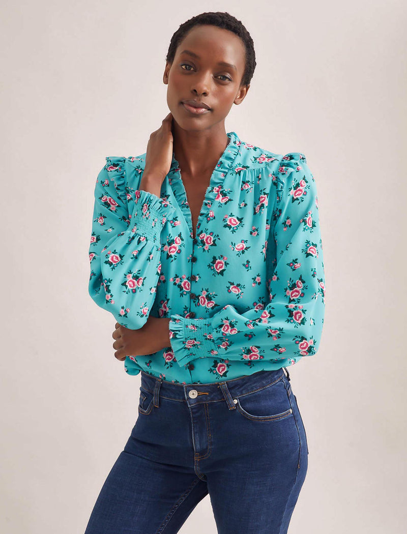 Stella Silk Shirt - Mint Posy Print