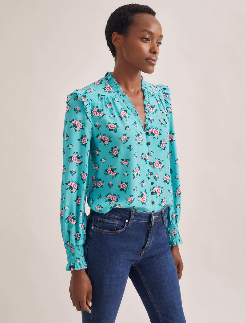 Stella Silk Shirt - Mint Posy Print