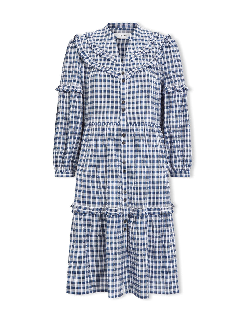 Suki Organic Cotton Seersucker Midi Dress - Blue White Check