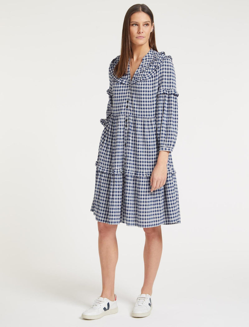 Suki Organic Cotton Seersucker Midi Dress - Blue White Check