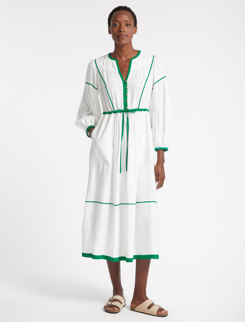 Salone Linen Blend Maxi Dress - White Emerald Green