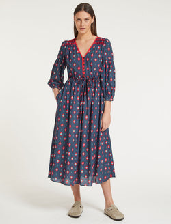 Yula Cotton Maxi Dress - Navy Ikat Print